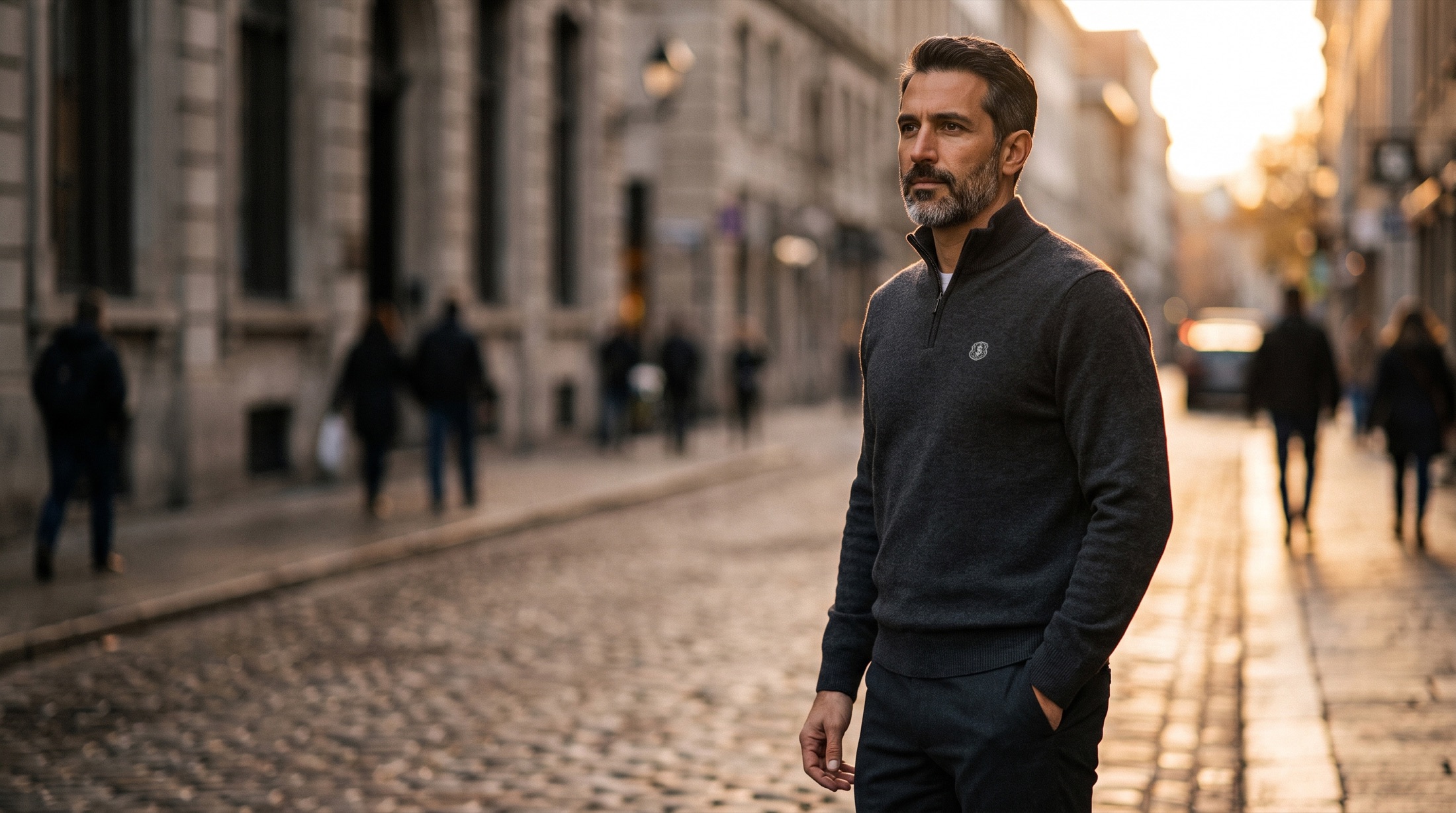 Homem com suéter meia-gola cinza-chumbo bordado Safra, caminhando por rua europeia ao entardecer