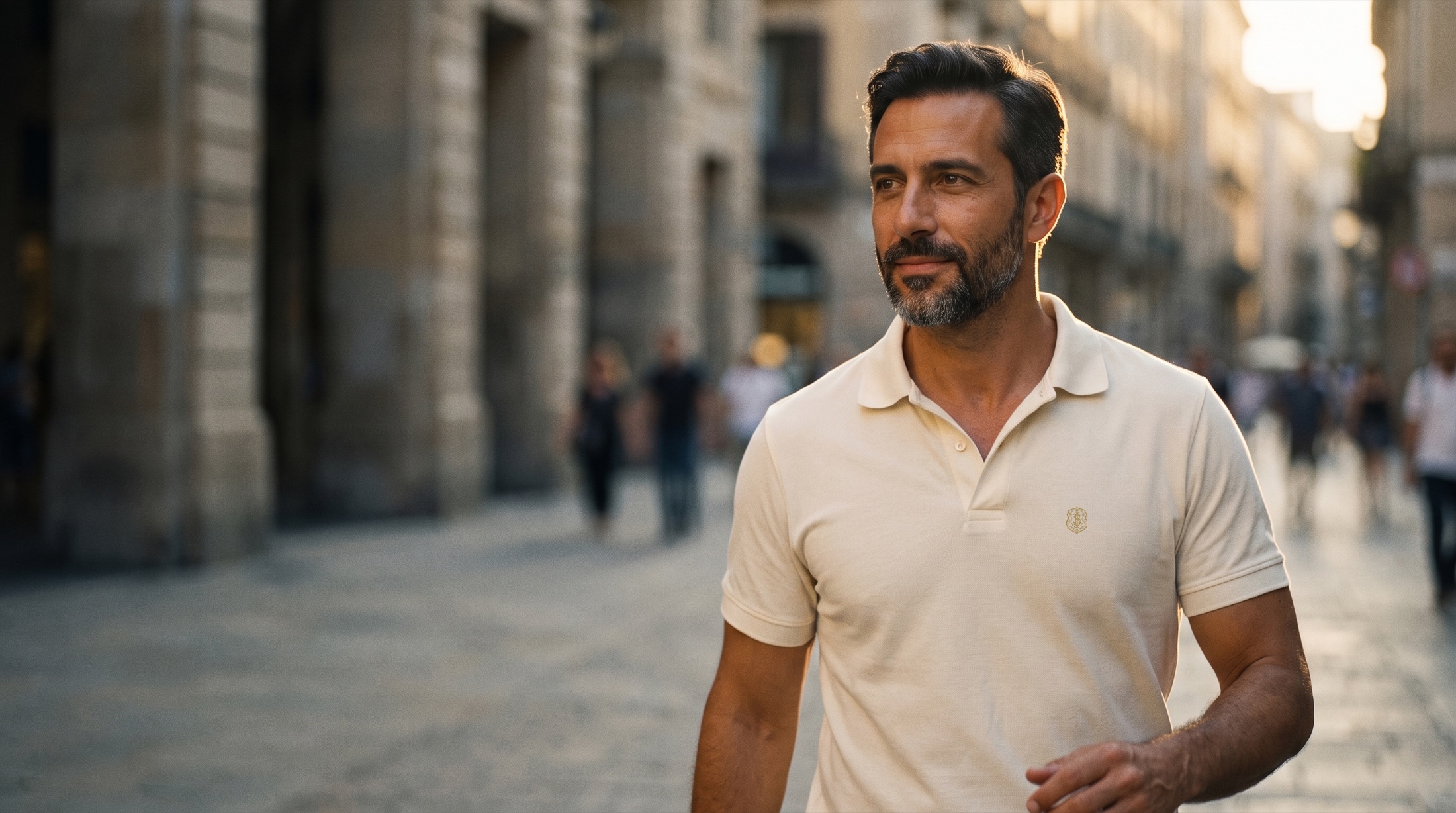 Homem com polo piquê off-white bordado Safra dourado, caminhando por rua europeia ao entardecer
