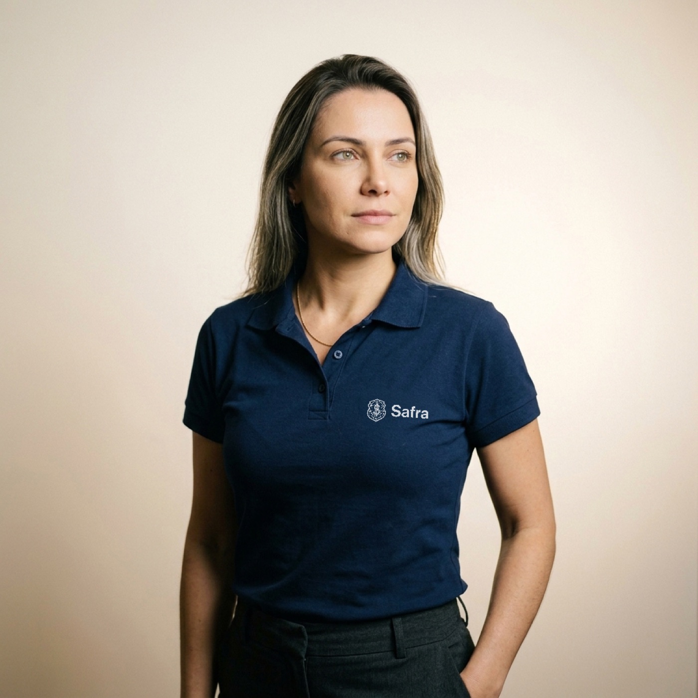 Polo Basic Feminina Safra azul-marinho vestida em modelo