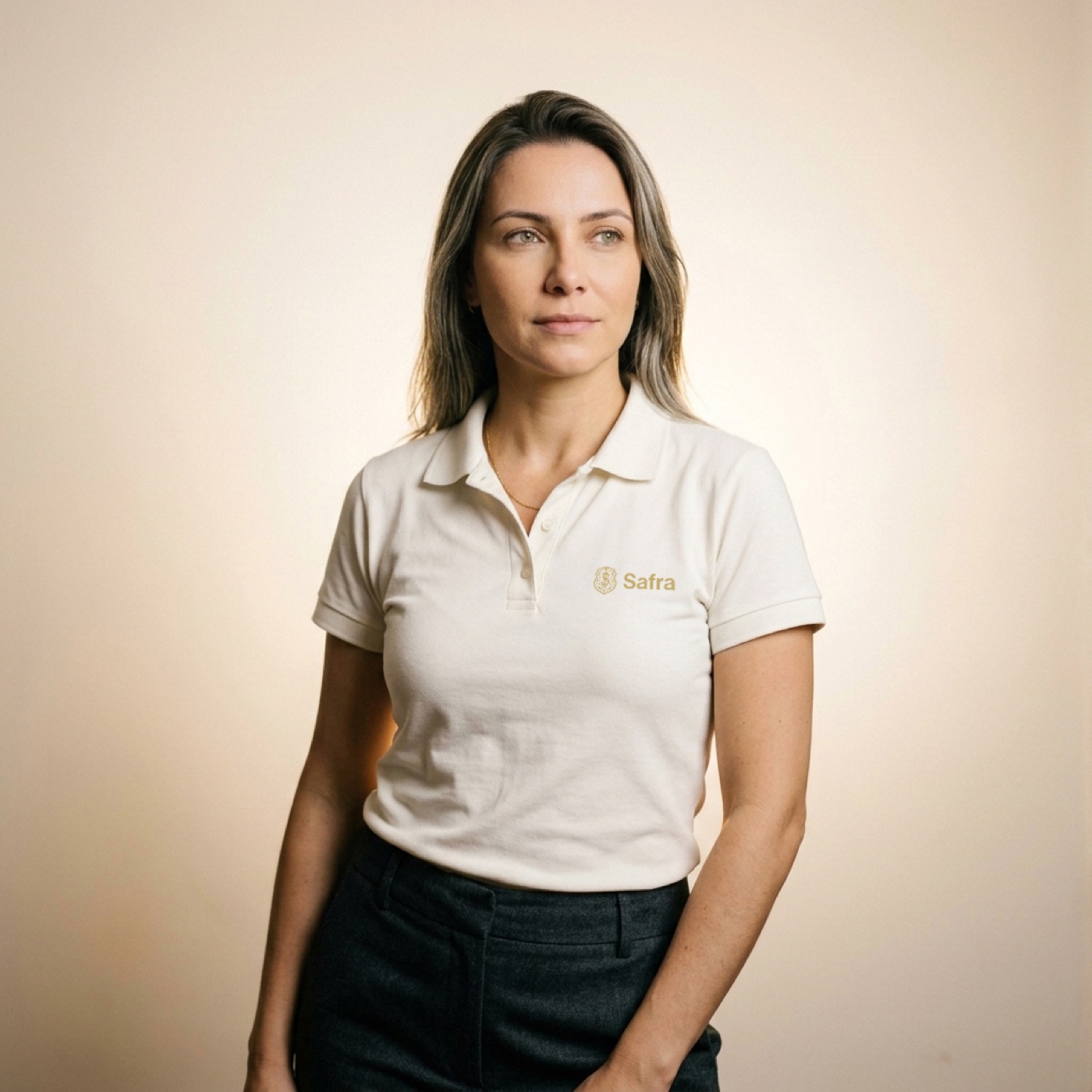 Polo Basic Feminina Safra branca vestida em modelo