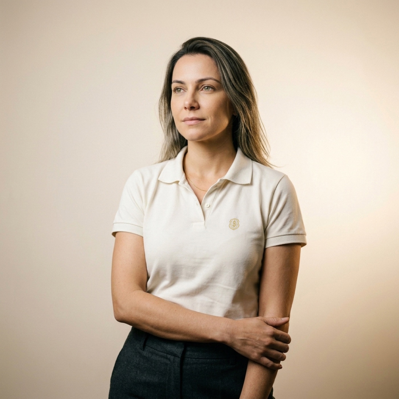 Polo Pima Feminina Safra branca vestida em modelo