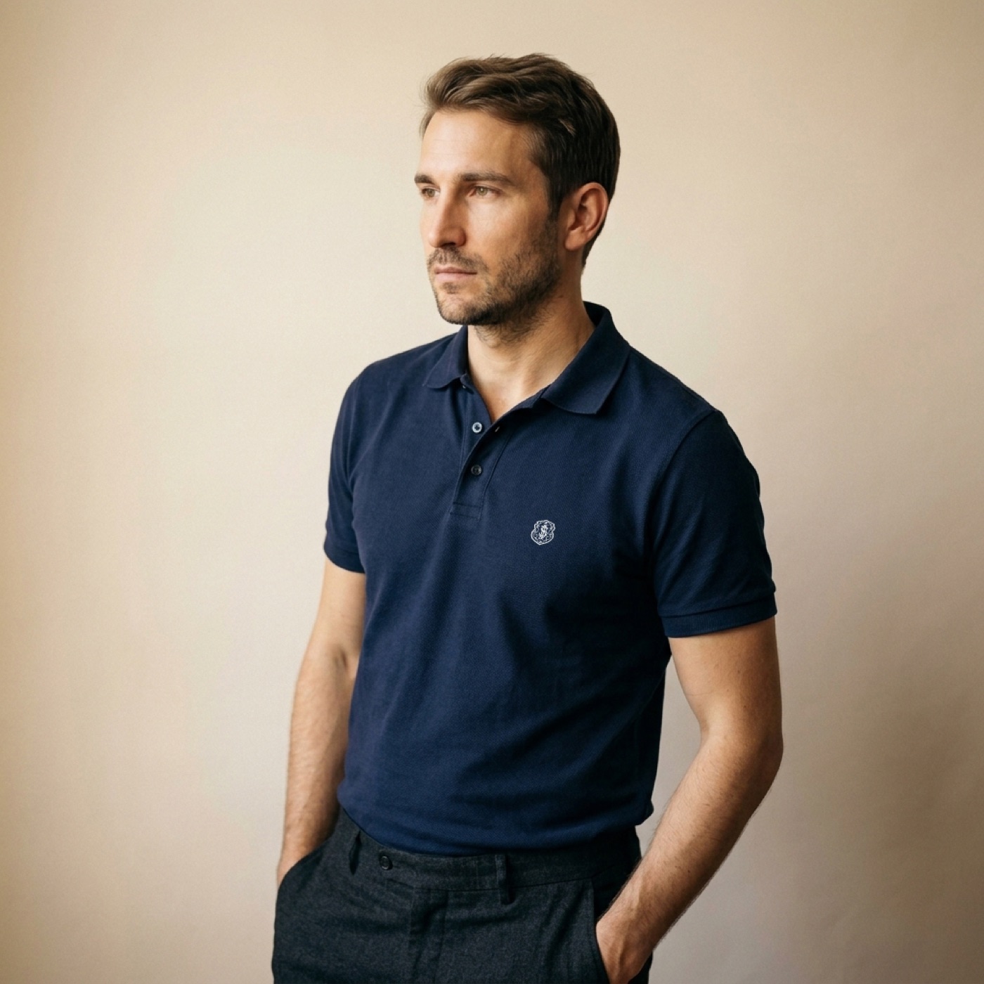 Polo Pima Masculina Safra azul-marinho vestida em modelo