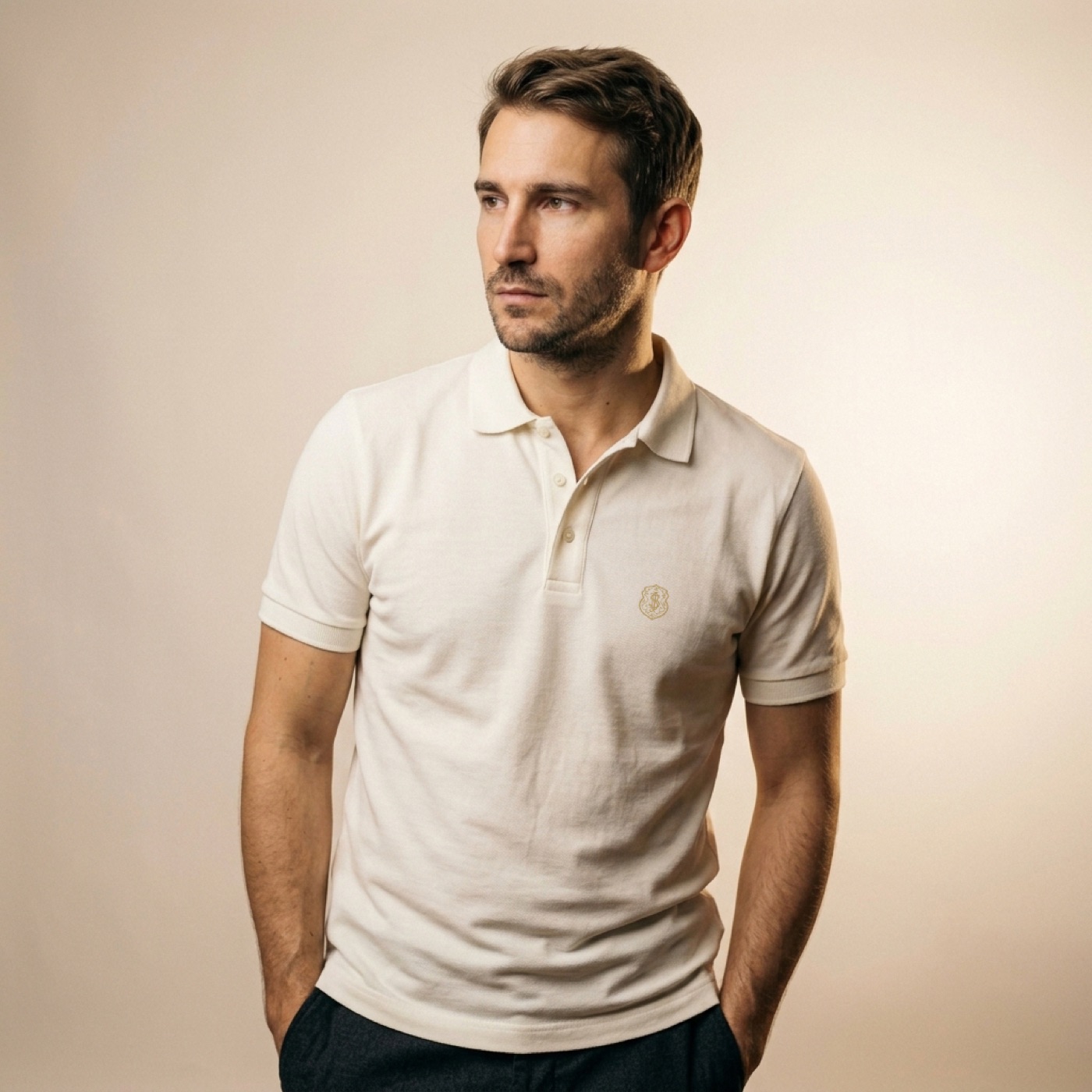 Polo Pima Masculina Safra branca vestida em modelo